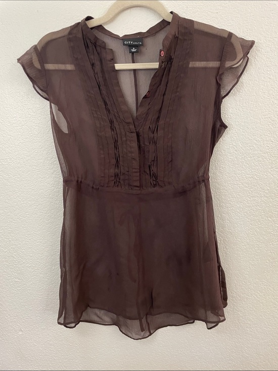 City unltd Tops - City unltd Brown 100% silk Sheer Blouse Cap Sleeves academia classic 18x26 sz4